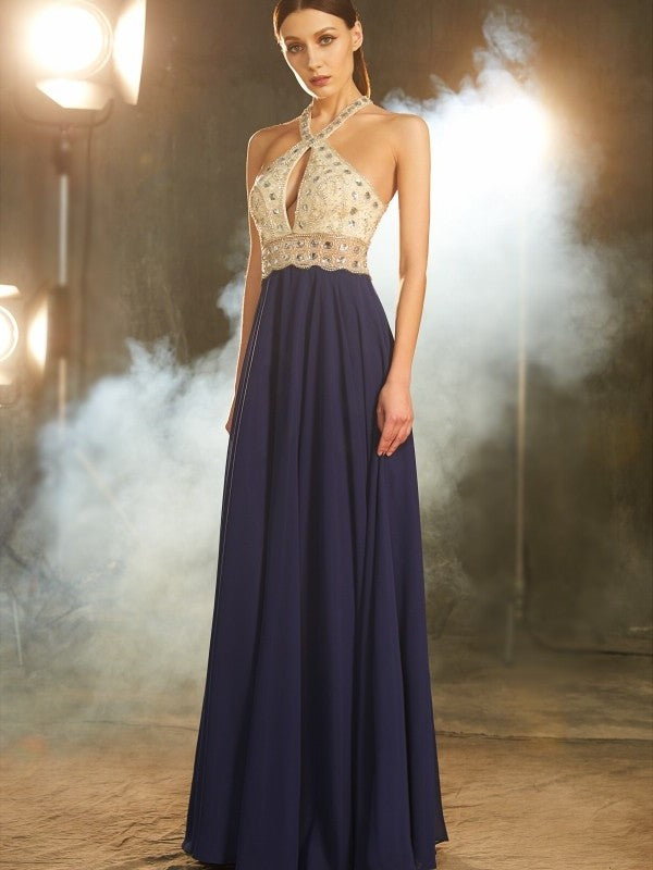 A-Line/Princess Sleeveless Straps Beading Chiffon Floor-Length Dresses DFP0002879