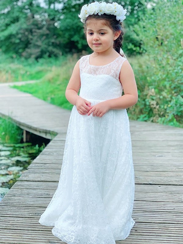 A-Line/Princess Lace Ruffles Scoop Sleeveless Ankle-Length Flower Girl Dresses DFP0007475