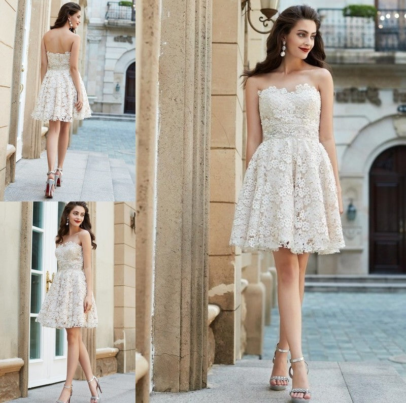 A-Line/Princess Sweetheart Sleeveless Rhinestone Short/Mini Lace Dresses DFP0002844