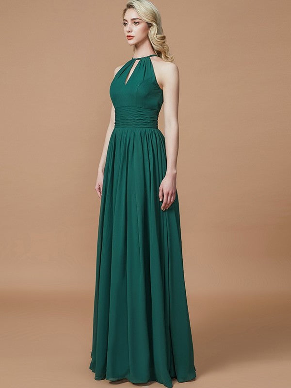 A-Line/Princess Chiffon Scoop Sleeveless Floor-Length Bridesmaid Dresses DFP0005219