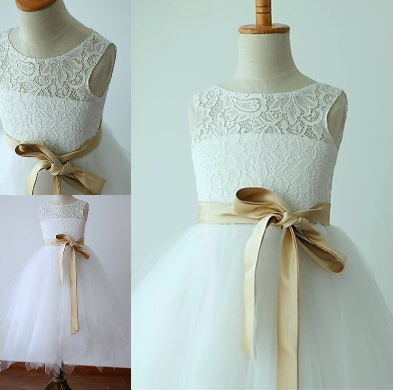 A-line/Princess Scoop Sleeveless Sash/Ribbon/Belt Tea-Length Tulle Flower Girl Dresses DFP0007533