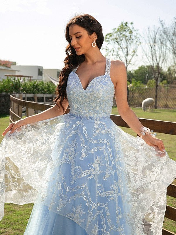 A-Line/Princess Tulle Lace V-neck Sleeveless Floor-Length Dresses DFP0001538