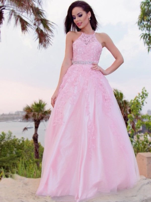 A-Line/Princess Tulle Applique Halter Sleeveless Floor-Length Dresses DFP0001607