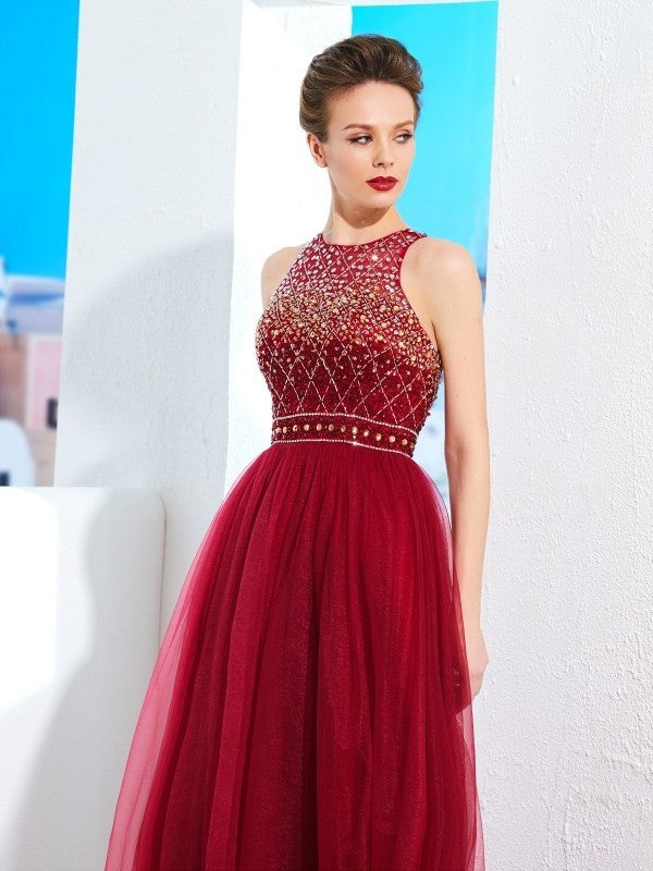 A-Line/Princess Scoop Sleeveless Floor-Length Beading Tulle Dresses DFP0002471