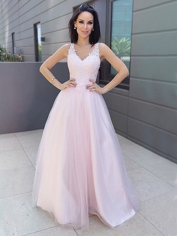 A-Line/Princess V-neck Sleeveless Applique Tulle Floor-Length Dresses DFP0001522