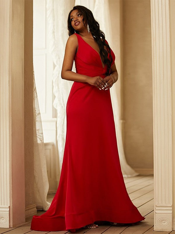 Sheath/Column Satin Ruched V-neck Sleeveless Sweep/Brush Train Dresses DFP0001756