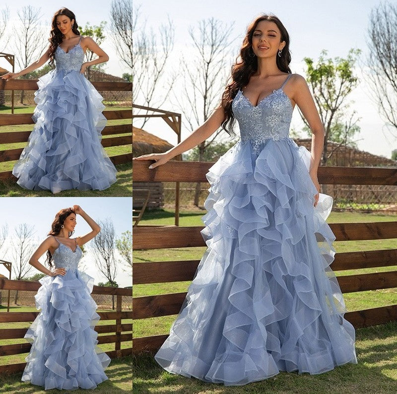 A-Line/Princess Tulle Applique V-neck Sleeveless Floor-Length Dresses DFP0001540