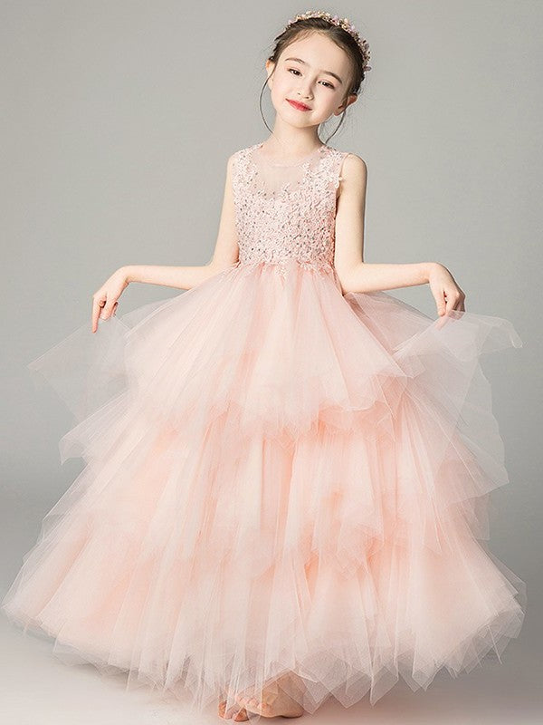 A-Line/Princess Tulle Applique Scoop Sleeveless Floor-Length Flower Girl Dresses DFP0007507