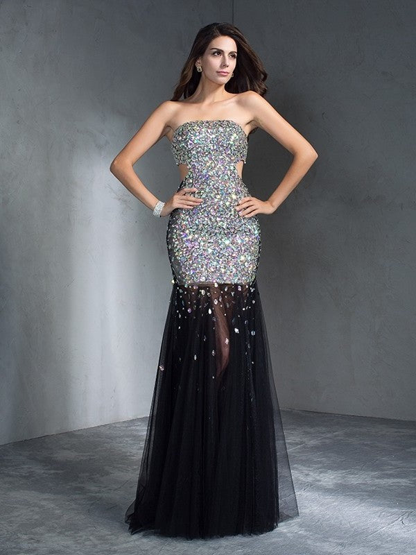 Sheath/Column Strapless Sequin Sleeveless Long Satin Dresses DFP0002738