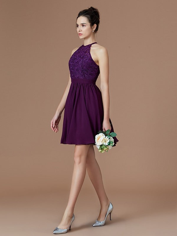 A-Line/Princess Halter Sleeveless Lace Short/Mini Chiffon Bridesmaid Dresses DFP0005132