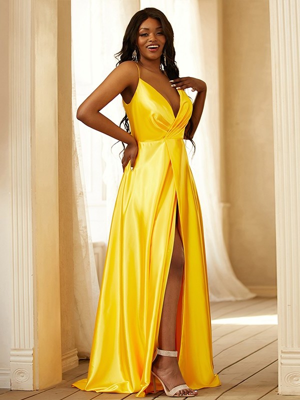 A-Line/Princess Silk like Satin Ruched V-neck Sleeveless Sweep/Brush Train Dresses DFP0001614