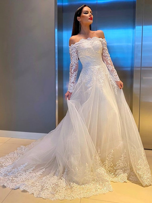 A-Line/Princess Lace Applique Off-the-Shoulder Long Sleeves Sweep/Brush Train Wedding Dresses DFP0006083