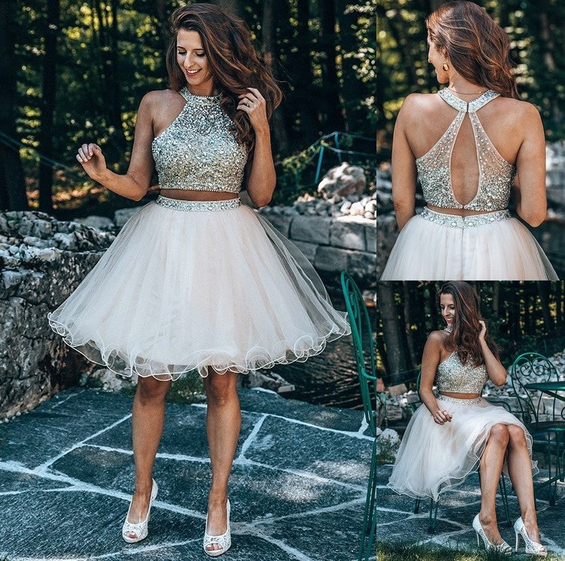 A-Line/Princess Scoop Beading Sleeveless Short/Mini Tulle Two Piece Homecoming Dresses DFP0004446