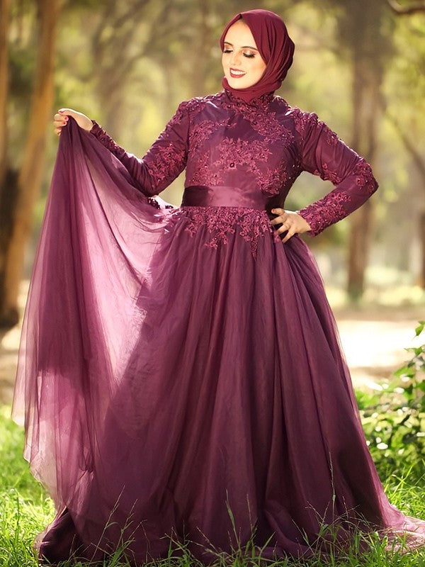 Ball Gown High Neck Tulle Applique Long Sleeves Sweep/Brush Train Muslim Dresses DFP0004669