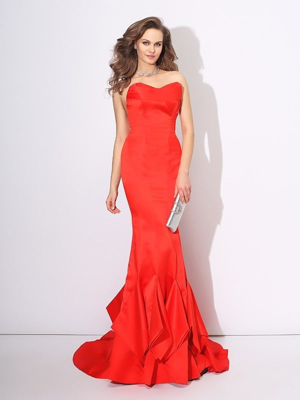 Trumpet/Mermaid Sweetheart Layers Sleeveless Long Satin Dresses DFP0003893