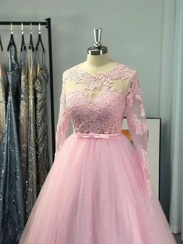 Ball Gown Long Sleeves Tulle Lace Jewel Sweep/Brush Train Dresses DFP0001586