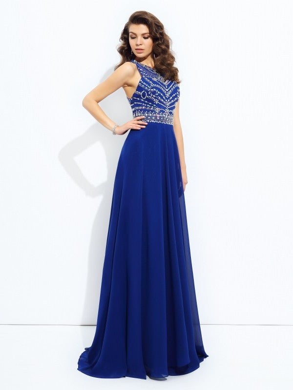 A-line/Princess Scoop Beading Sleeveless Long Chiffon Dresses DFP0002024