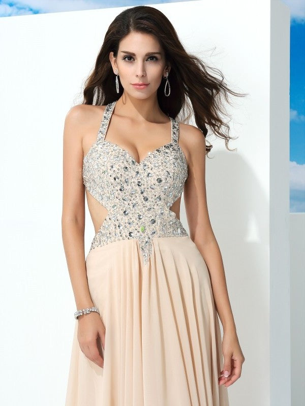 A-Line/Princess Straps Beading Sleeveless Long Chiffon Dresses DFP0002580