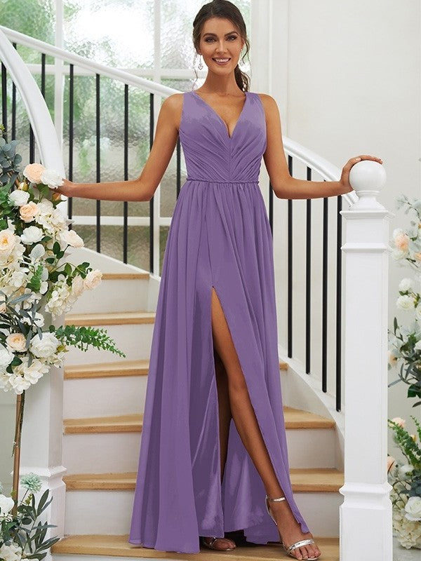 A-Line/Princess Chiffon Ruffles V-neck Sleeveless Floor-Length Bridesmaid Dresses DFP0004944
