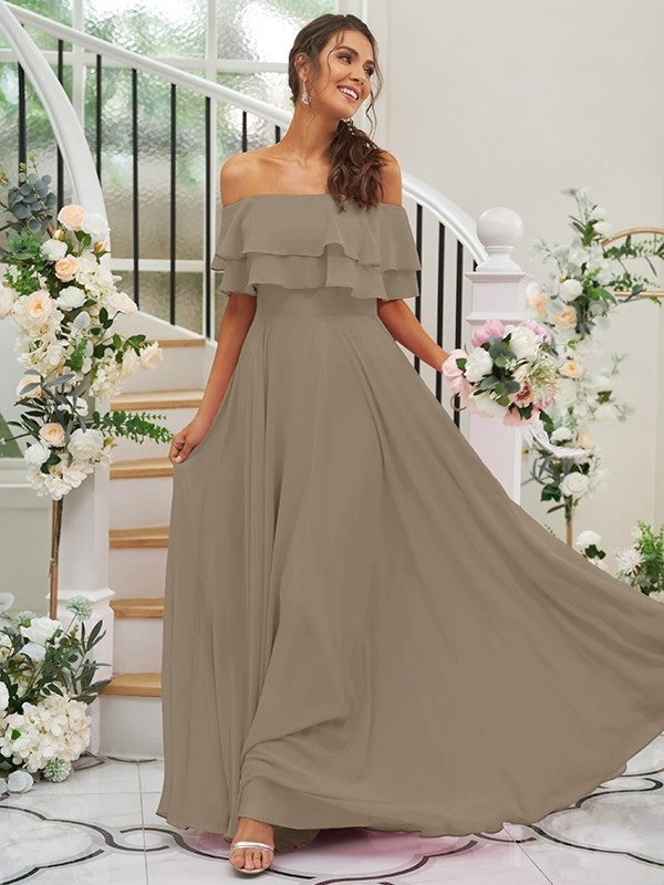 A-Line/Princess Chiffon Ruffles Off-the-Shoulder Sleeveless Floor-Length Bridesmaid Dresses DFP0004914