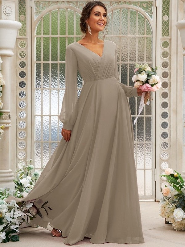 A-Line/Princess Chiffon Ruched V-neck Long Sleeves Floor-Length Bridesmaid Dresses DFP0004950