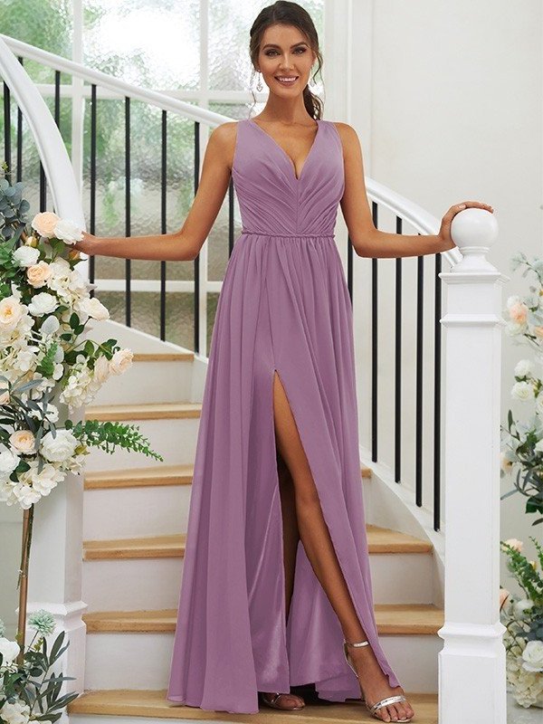 A-Line/Princess Chiffon Ruffles V-neck Sleeveless Floor-Length Bridesmaid Dresses DFP0004944