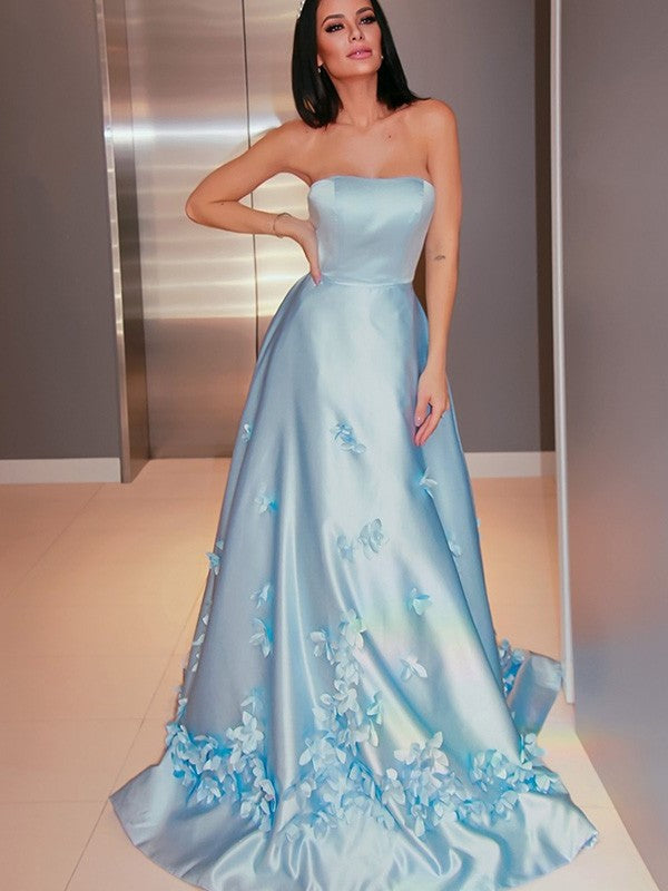 A-Line/Princess Satin Hand-Made Flower Strapless Sleeveless Sweep/Brush Train Dresses DFP0001585