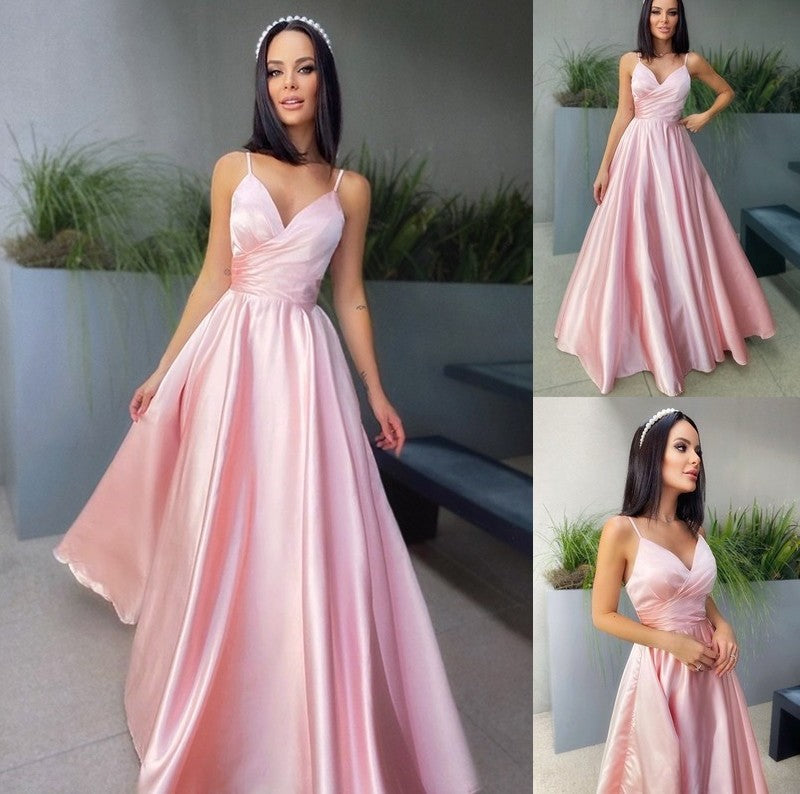 A-Line/Princess V-neck Satin Ruched Sleeveless Floor-Length Dresses DFP0001582