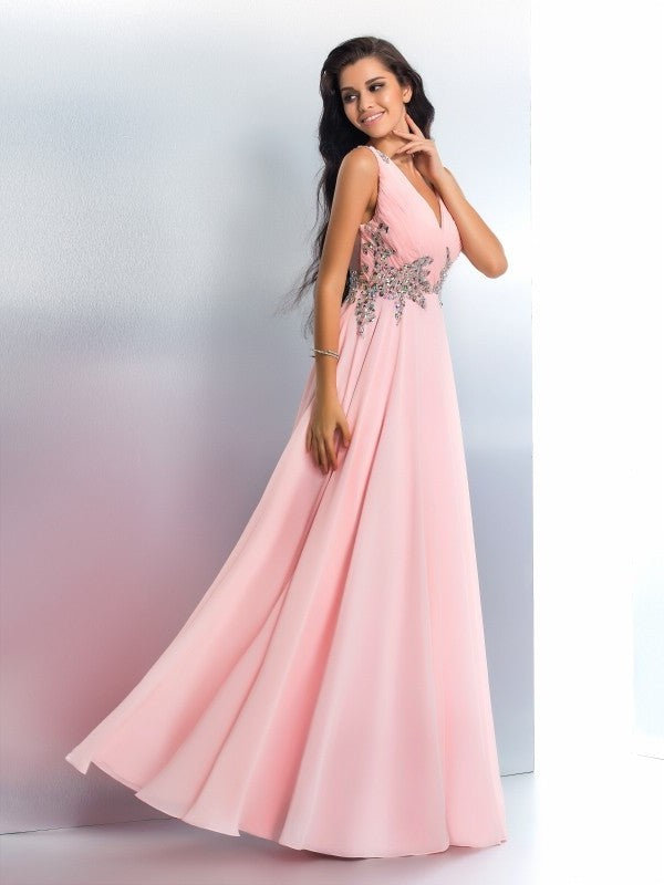 A-Line/Princess V-neck Beading Sleeveless Long Chiffon Dresses DFP0002794