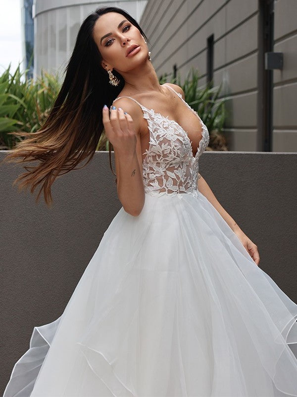A-Line/Princess Lace Ruffles V-neck Sleeveless Sweep/Brush Train Wedding Dresses DFP0005904