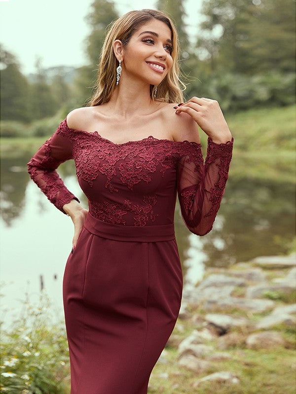 Sheath/Column Stretch Crepe Applique Off-the-Shoulder Long Sleeves Sweep/Brush Train Bridesmaid Dresses DFP0004985