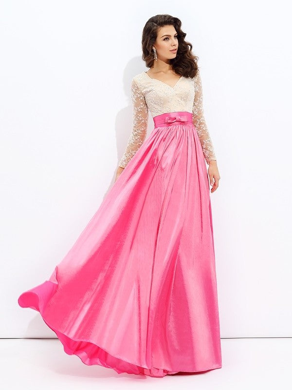 A-line/Princess V-neck Lace Long Sleeves Long Taffeta Dresses DFP0002868