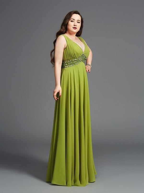 A-Line/Princess Straps Rhinestone Sleeveless Long Chiffon Plus Size Dresses DFP0003333