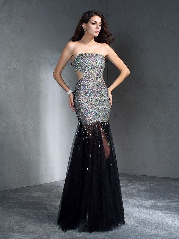 Sheath/Column Strapless Sequin Sleeveless Long Satin Dresses DFP0002738