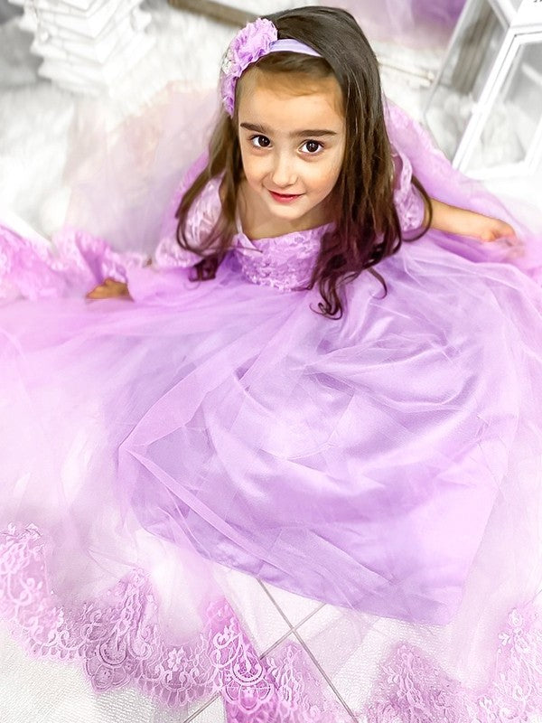 Ball Gown Tulle Lace Off-the-Shoulder 1/2 Sleeves Sweep/Brush Train Flower Girl Dresses DFP0007476