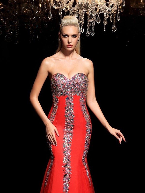 Sheath/Column Sweetheart Rhinestone Sleeveless Long Net Dresses DFP0003943