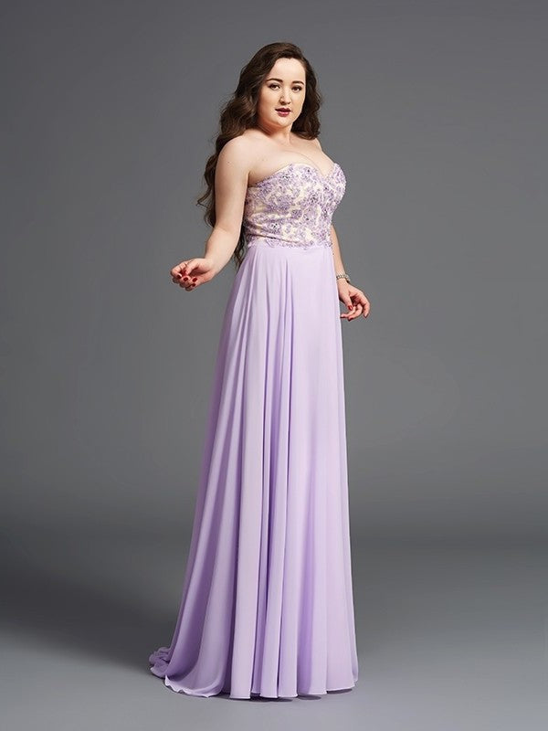 A-Line/Princess Sweetheart Lace Sleeveless Long Chiffon Plus Size Dresses DFP0003605