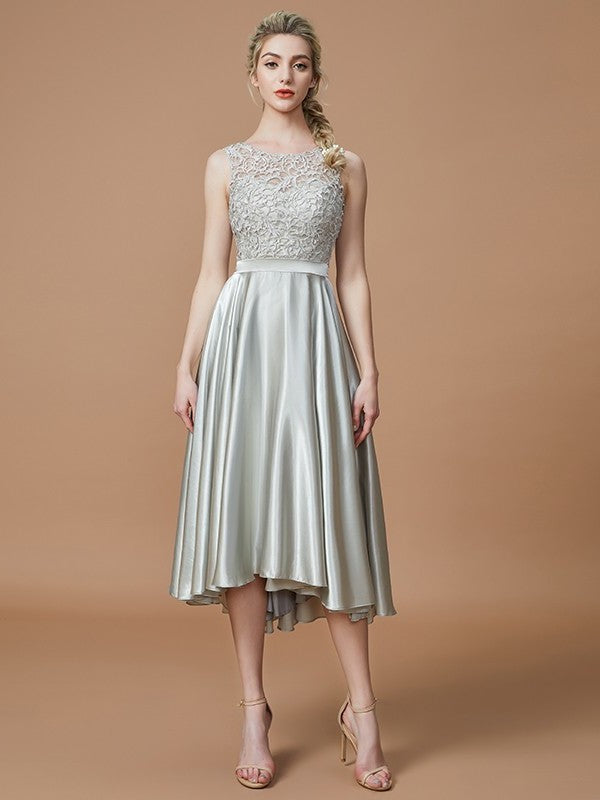 A-Line/Princess Bateau Sleeveless Ruffles Asymmetrical Silk like Satin Bridesmaid Dresses DFP0005019