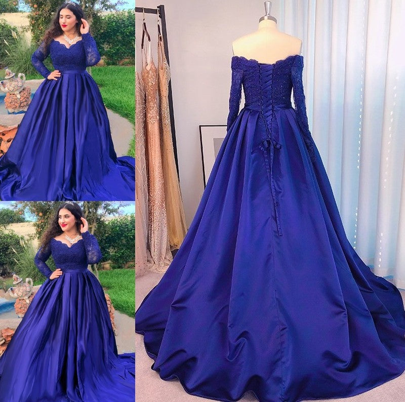 Ball Gown Satin Off-the-Shoulder Beading Long Sleeves Sweep/Brush Train Dresses DFP0003996