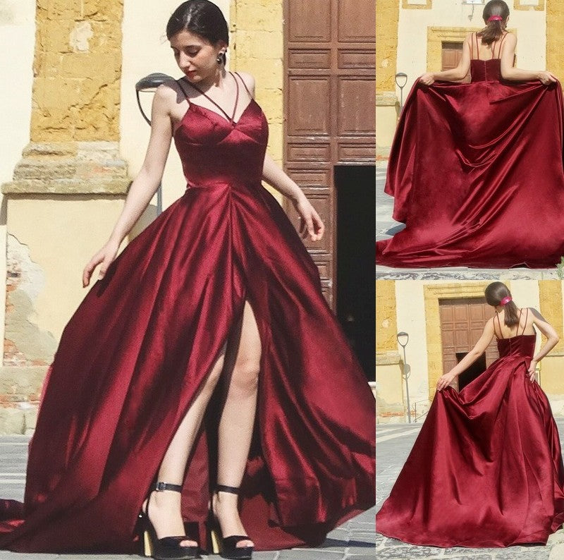 A-Line/Princess Satin Spaghetti Straps Sleeveless Ruffles Sweep/Brush Train Dresses DFP0001561