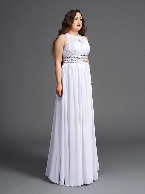 A-Line/Princess Jewel Beading Sleeveless Long Chiffon Plus Size Dresses DFP0002515