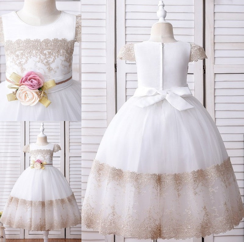 Ball Gown Lace Hand-Made Flower Scoop Short Sleeves Ankle-Length Flower Girl Dresses DFP0007514