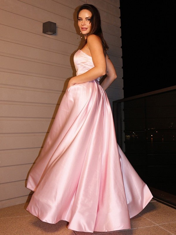 A-Line/Princess Satin Ruffles Sleeveless Strapless Floor-Length Dresses DFP0001534