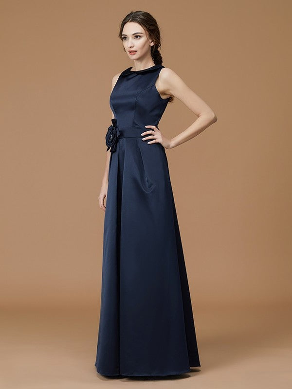 A-Line/Princess Bateau Sleeveless Floor-Length Hand-Made Flower Satin Bridesmaid Dresses DFP0005670