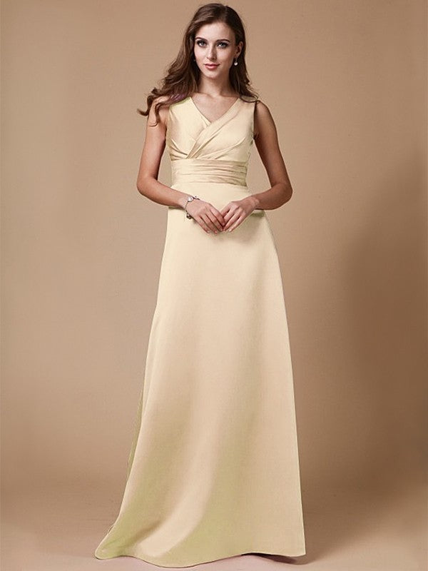 A-Line/Princess V-neck Long Sleeveless Elastic Woven Satin Bridesmaid Dresses DFP0005409