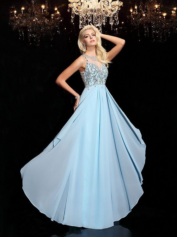 A-line/Princess Scoop Beading Sleeveless Long Chiffon Dresses DFP0002926