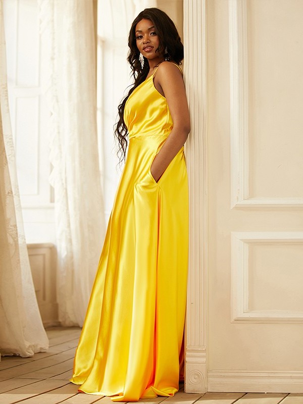 A-Line/Princess Silk like Satin Ruched V-neck Sleeveless Sweep/Brush Train Dresses DFP0001614