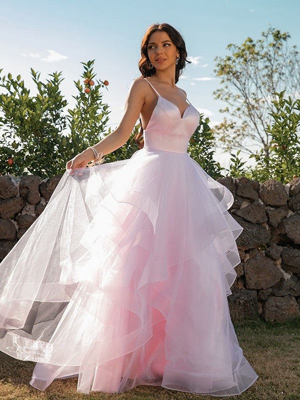 A-Line/Princess Tulle Ruffles V-neck Sleeveless Floor-Length Dresses DFP0001569