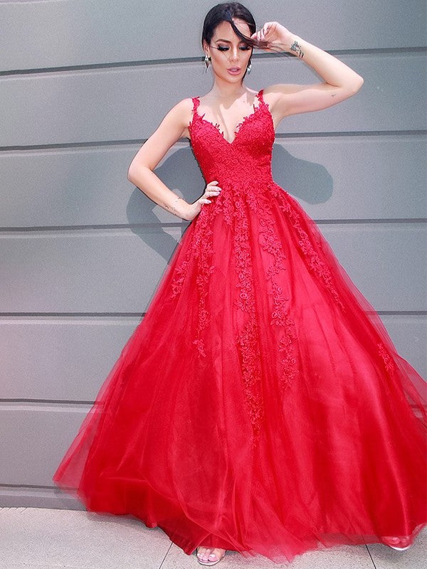 A-Line/Princess Tulle V-neck Floor-Length Applique Sleeveless Dresses DFP0001456