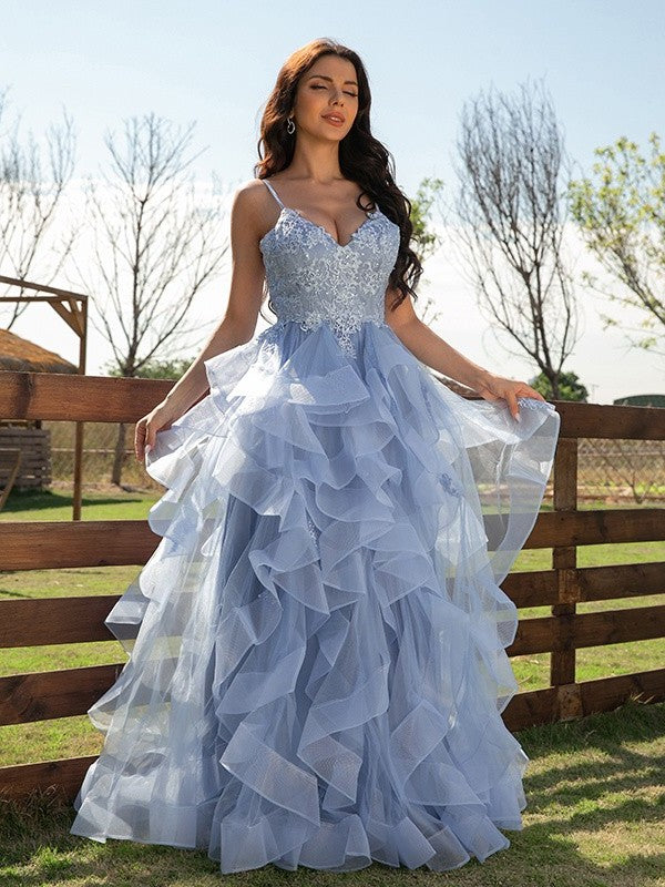 A-Line/Princess Tulle Applique V-neck Sleeveless Floor-Length Dresses DFP0001540